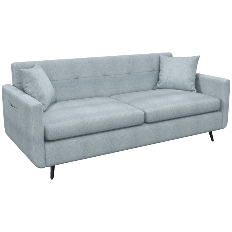 Modern 165cm 3-Seater Sofa for Living Room, Tufted Fabric Couch with Steel Legs and Storage Pockets, Blue