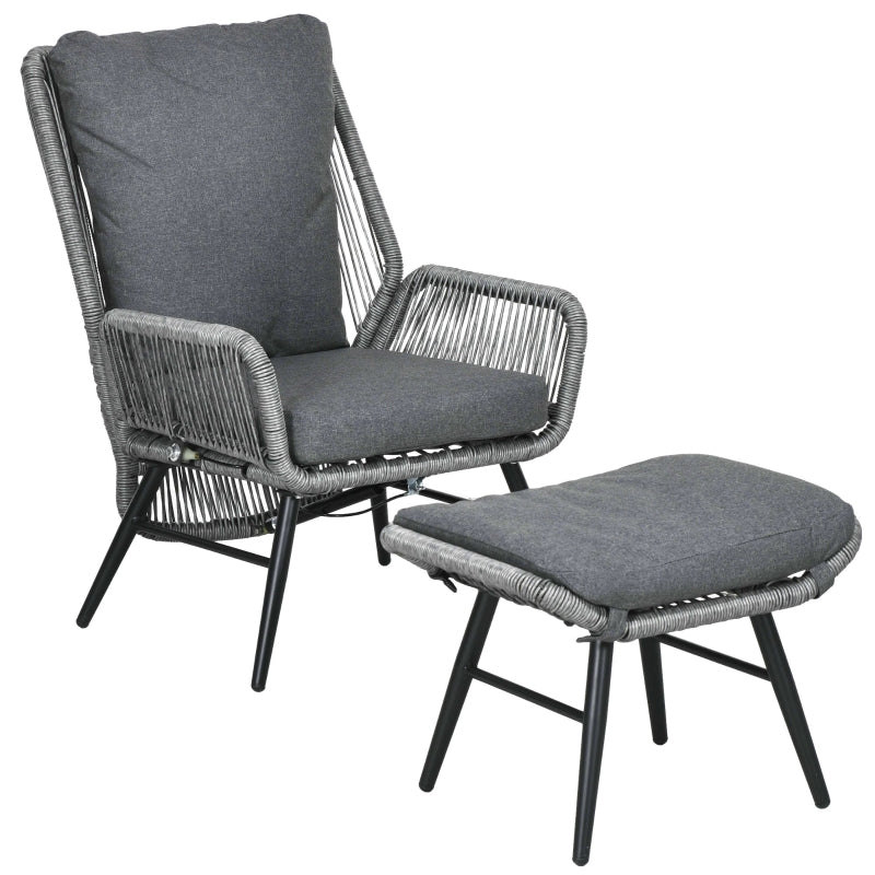Grey Rattan Armchair and Footstool Set with Cushions