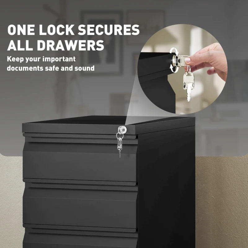 Vinsetto Black 3-Drawer Steel Filing Cabinet with Lock & Wheels - Secure Storage Solution for Home & Office