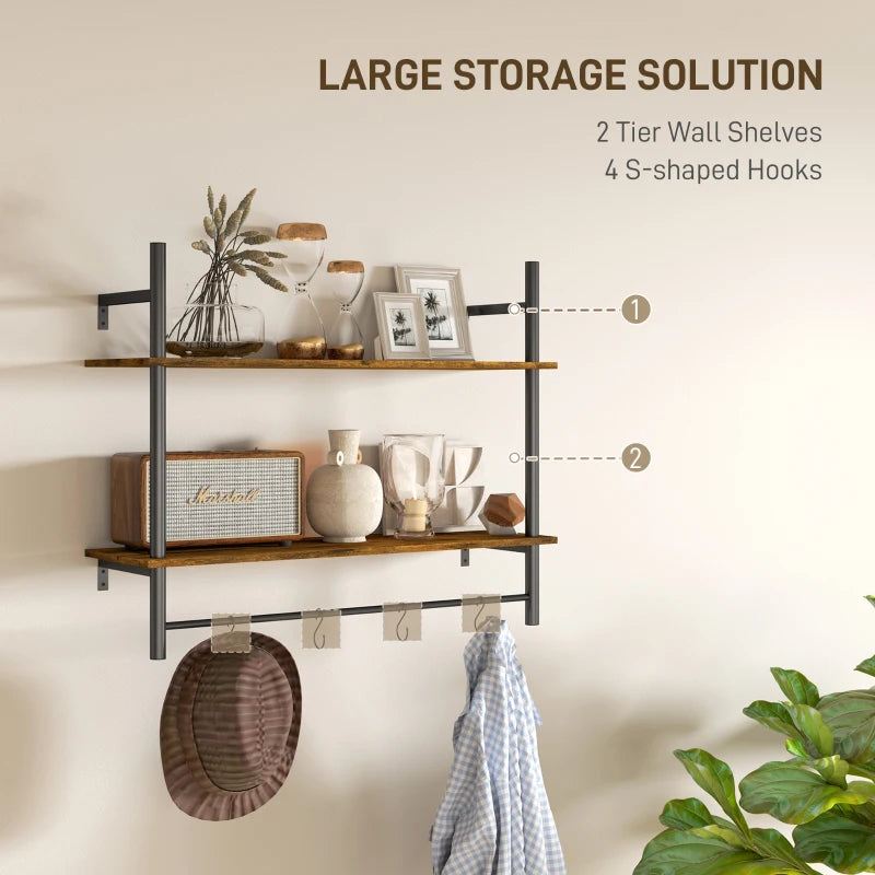 Rustic Wall Mounted Floating Shelves with 4 Hooks - Stylish Shelf Unit for Living Room & Entryway - Rustic Brown Finish