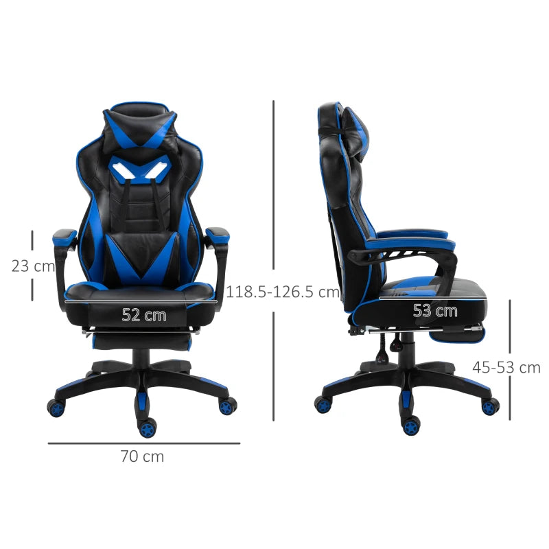 Vinsetto Blue/Black Faux Leather Reclining Gaming Chair with Footrest - Ergonomic Comfort for Gamers