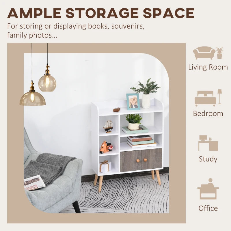 Freestanding Bookcase with Storage Cabinet - 6 Shelves, Wood Legs, White & Grey - Home Office Display, 24D x 71.8W x 90.8H cm