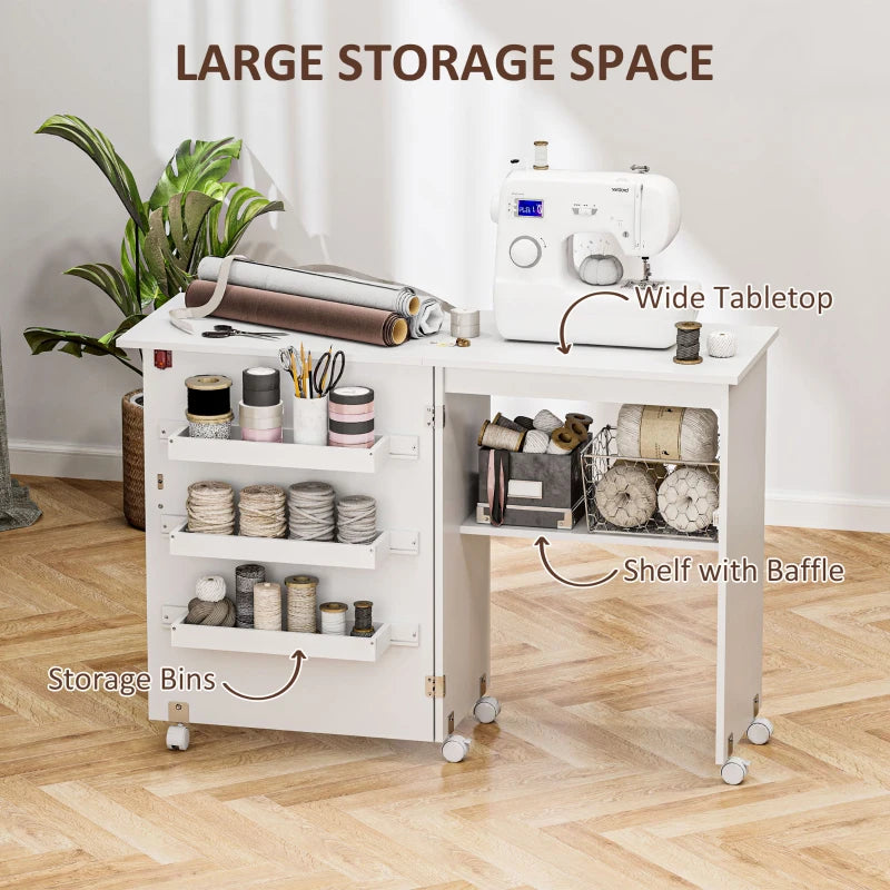 Folding Sewing Table with Drop Leaf & Storage Bins - Rolling Craft Table for Small Spaces, White Sewing Machine Cabinet