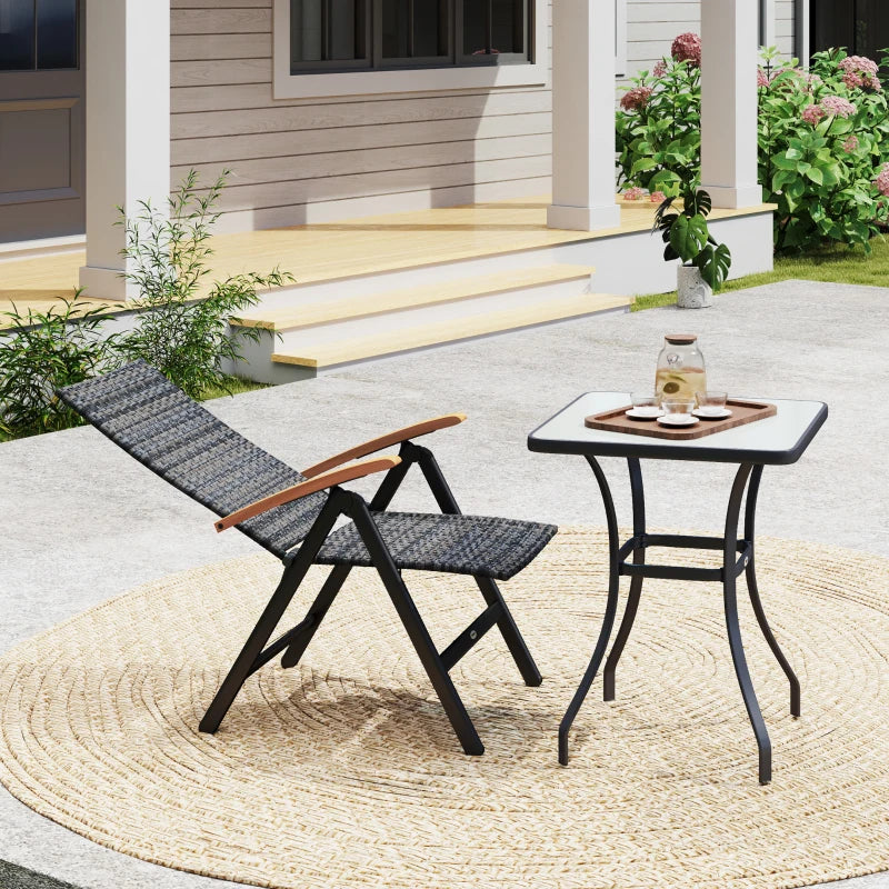 Folding Rattan Garden Dining Chair - 5-Level Reclining High Back, Wood Armrests, Outdoor Patio Furniture - Mixed Grey