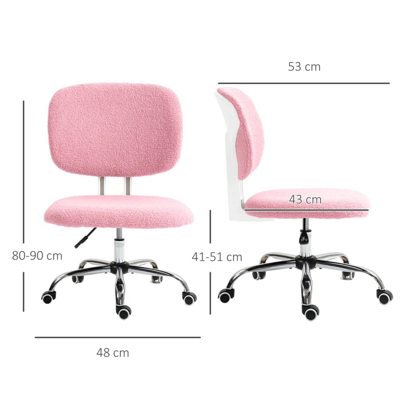Vinsetto Pink Teddy Fleece Armless Office Chair - Cozy, Stylish, Ergonomic Design for Home & Office Use