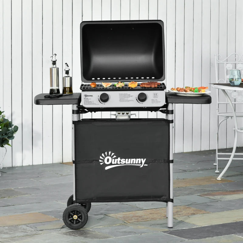 Black 2-Burner Propane Gas BBQ Grill with Side Shelves and Wheels