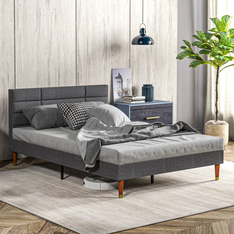 Stylish Grey Upholstered Double Bed Frame with Slats 136cm Wide 196cm Long 87cm High