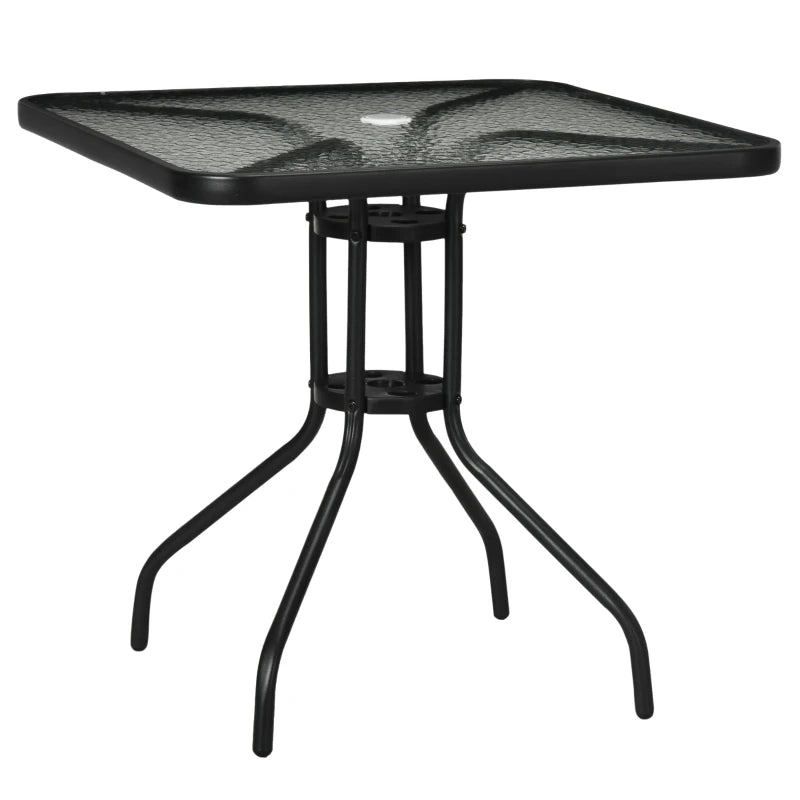 Square Glass Top Patio Dining Table, Steel Frame, Umbrella Hole, 76x76cm, Black