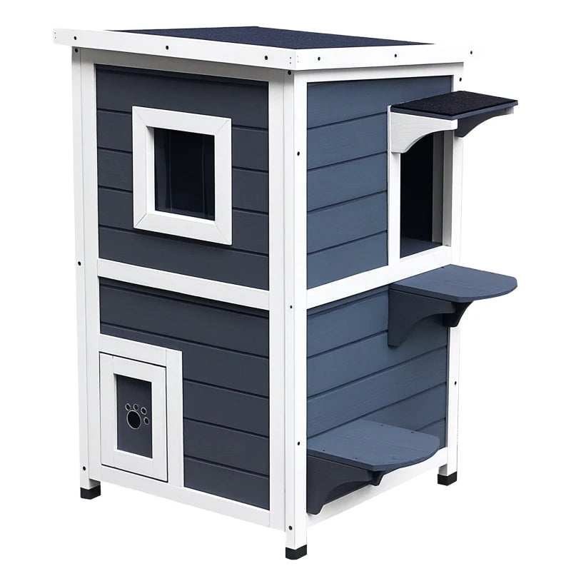 Wooden Cat House - 2-Floor Outdoor Kitten Shelter with Window - Stylish Grey Design for Cats and Kittens