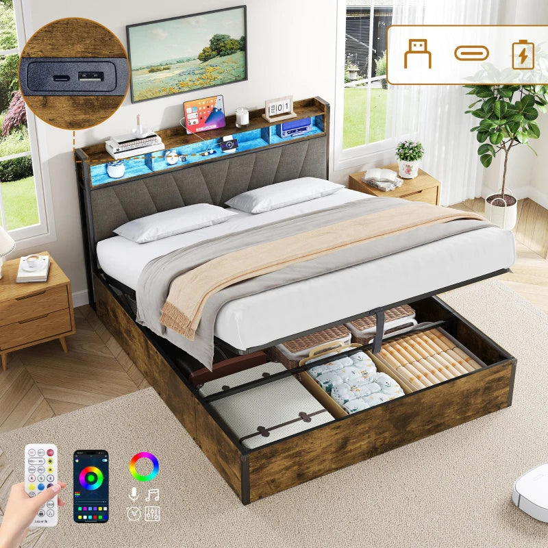 Double Bed Frame with RGB LED Headboard & Charging Station, Hydraulic Storage, Linen Fabric, Black & Walnut, 205x136x109 cm