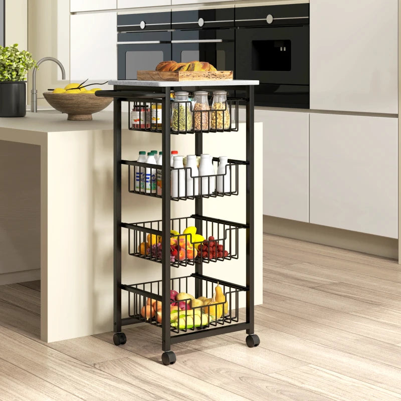 Stylish Grey/Black Four Basket Mobile Kitchen Island with Brakes - Perfect for Storage and Space-Saving Solutions