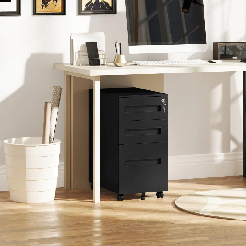 Vinsetto Black Three-Drawer Steel Filing Cabinet - Durable Office Storage Solution for Organizing Documents and Files