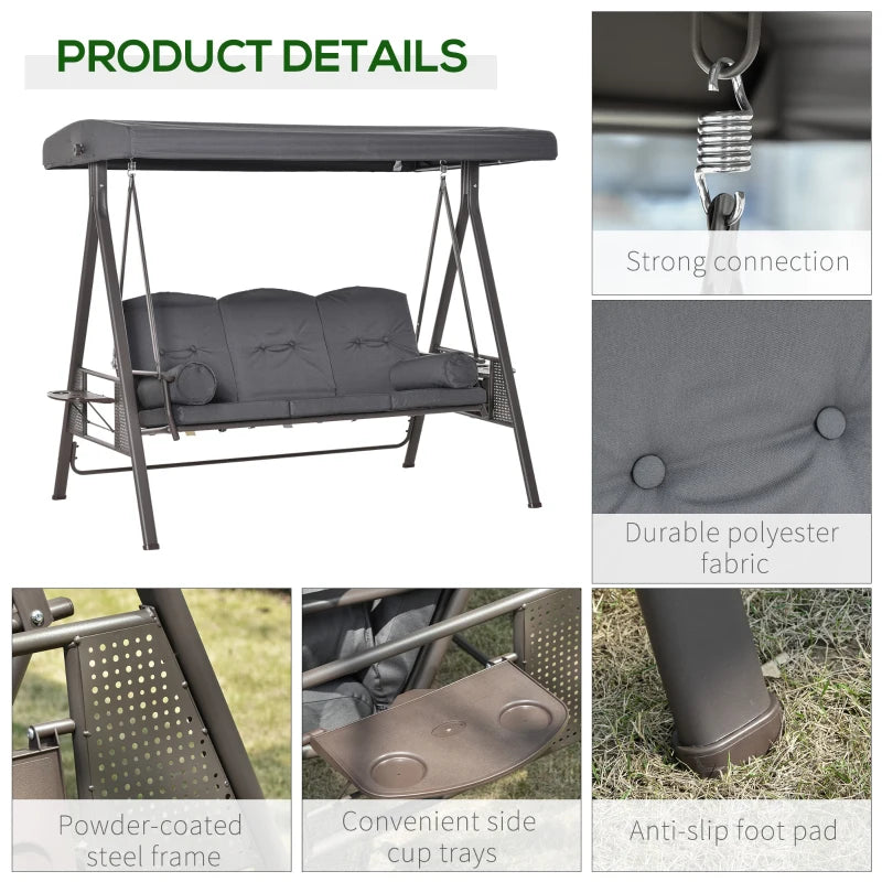 Dark Grey Fabric 3 Seater Garden Swing Chair