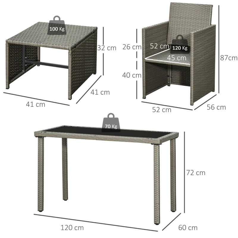 5-Piece Grey Rattan Dining Set with Cushion and Glass Table