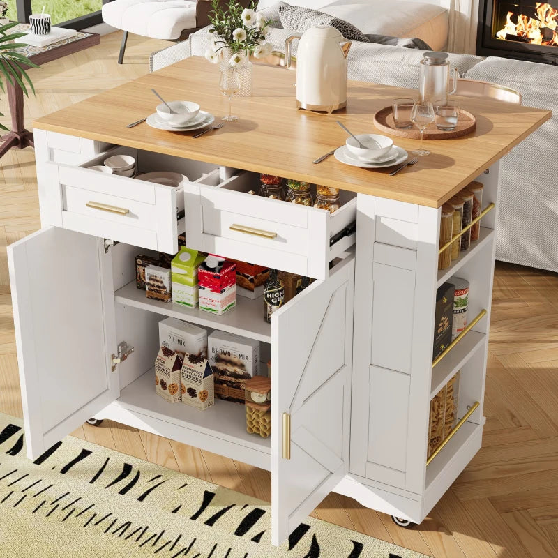 Adjustable Kitchen Island Trolley - Rolling Cart with Drawers & Storage Racks, 120x40x90 cm, White - Easy Stability
