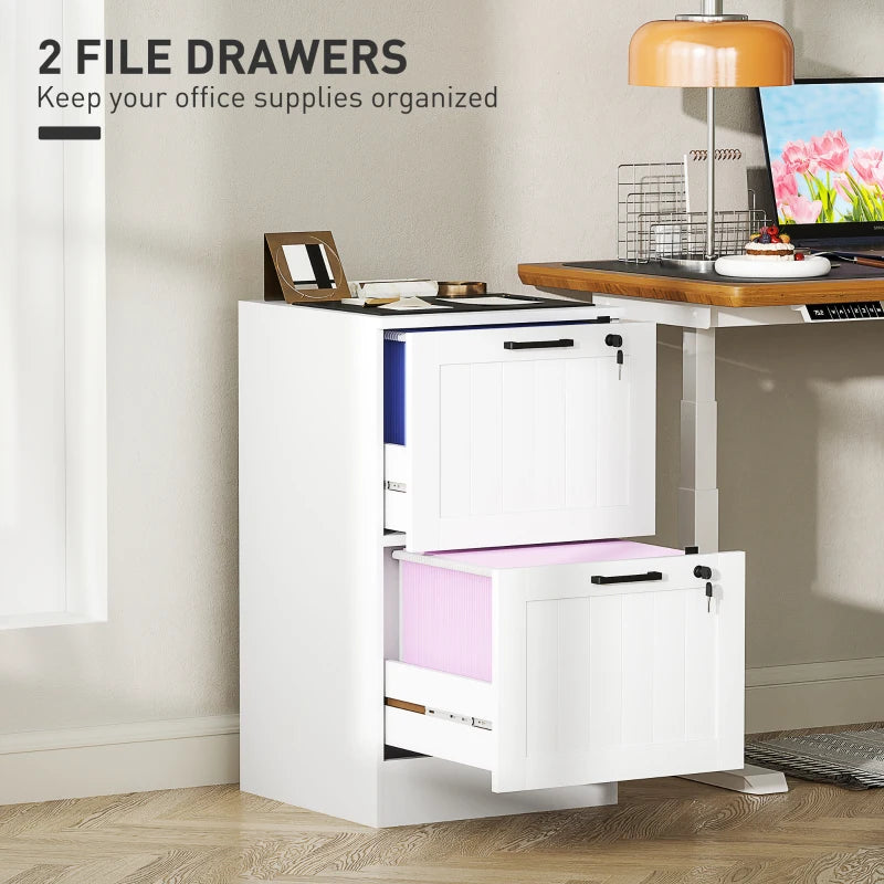 Secure 2 Drawer Filing Cabinet with Lock - Adjustable Hanging Bars for A4 Files - Stylish White Office Storage Solution