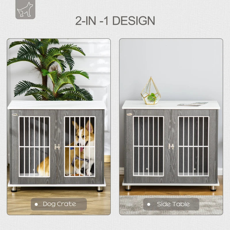 Wooden Dog Crate End Table Kennel with Lockable Door for Small & Medium Dogs - Grey & White, 85x55x75 cm