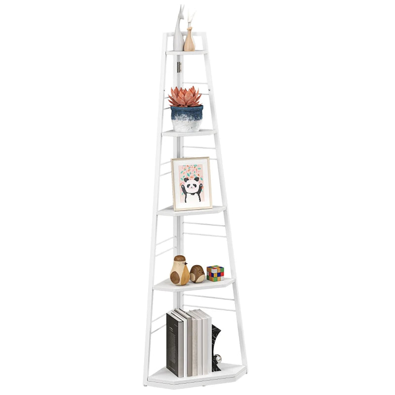 Stylish Five-Tier Corner Shelf in White - Space-Saving Storage Solution for Home Decor and Organization