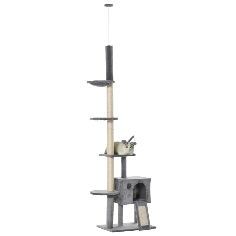 270cm Cat Tree for Indoor Cats - Floor to Ceiling Scratching Post with Hammock & Hanging Ball - Grey Activity Center