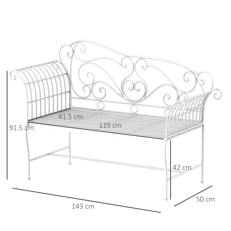 White Metal Garden Bench - 2 Seater Outdoor Seating