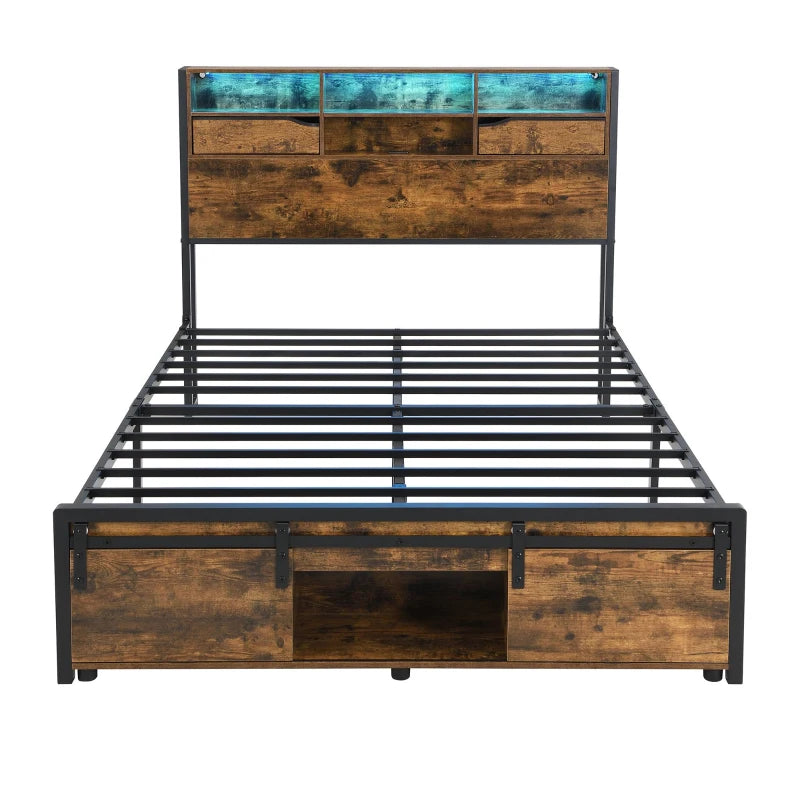 Metal Double Bed with LED Lights & Charging Ports, Storage Base, 209x137.5x114.5 cm, Black & Natural Finish