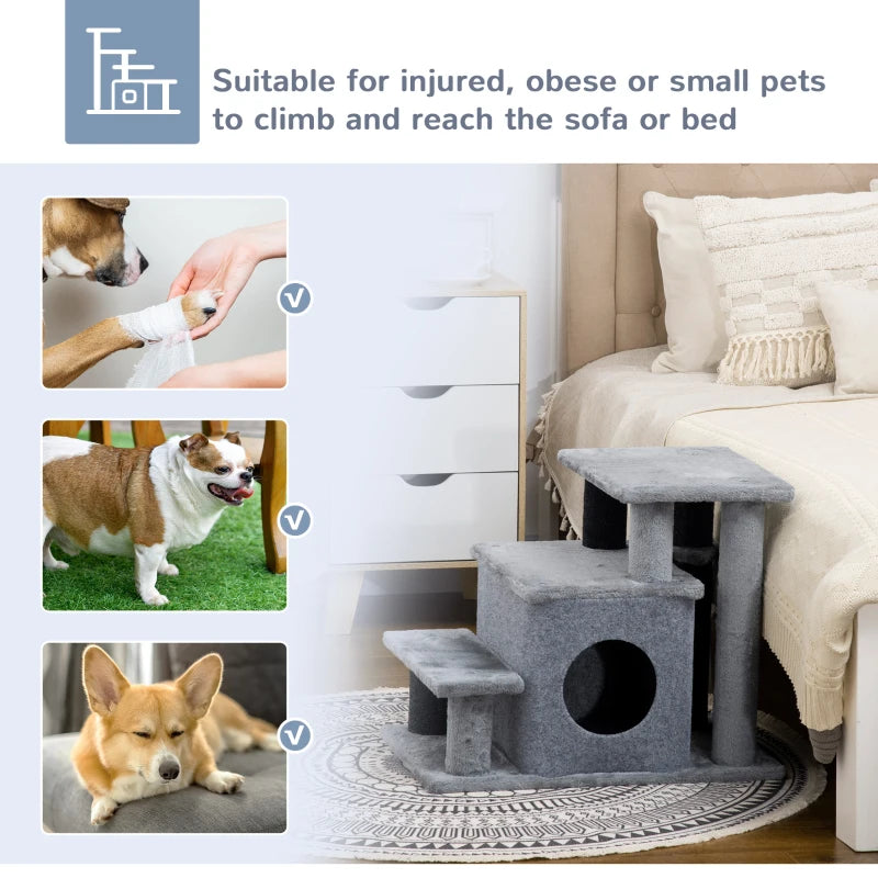 Adjustable Cat Steps with House & Hanging Toy Ball - Grey | Perfect for Cats of All Sizes