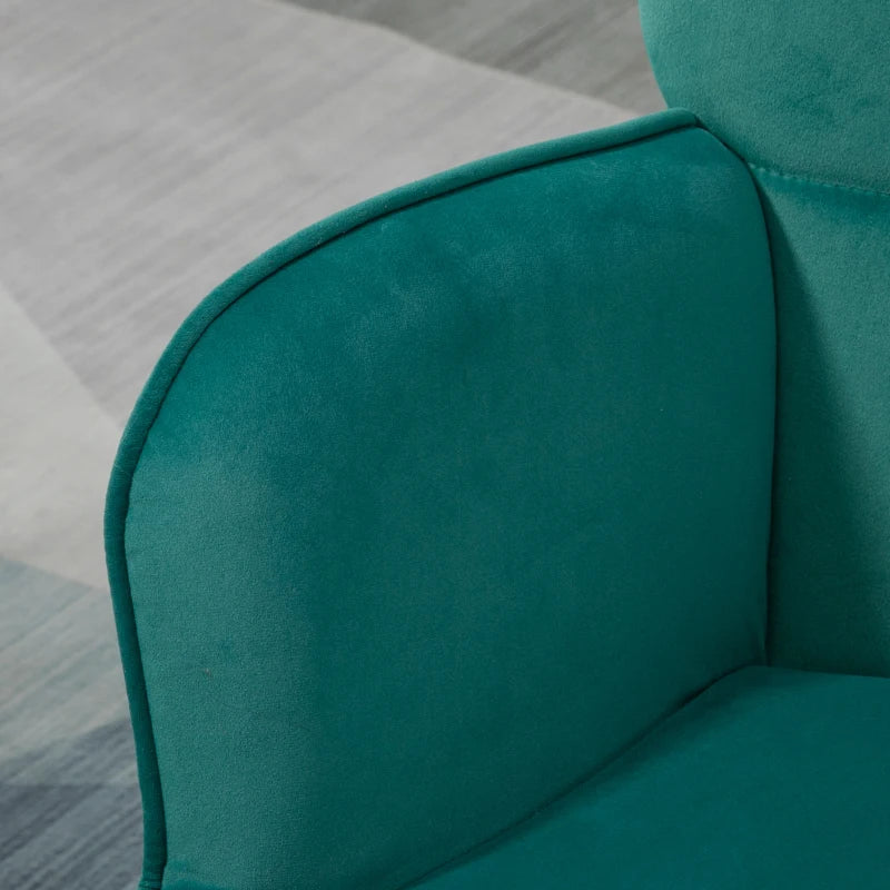 Stylish Velvet Wingback Armchair with Footstool for Living Room, Bedroom or Home Office in Dark Green
