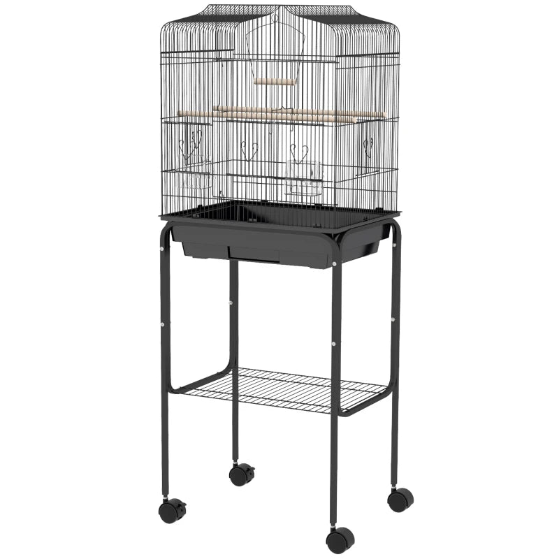 Bird Cage for Budgies Finches and Parakeets with Stand Wheels and Slide-out Tray Storage Shelf Black