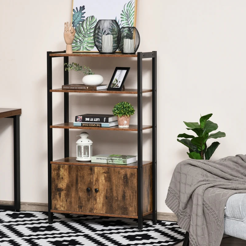 Rustic Brown 3-Tier Industrial Bookshelf & Storage Cabinet with Doors for Home Office & Living Room