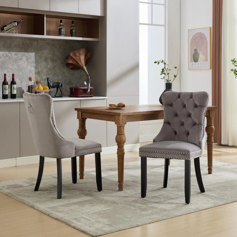 Set of 2 Grey Velvet Dining Chairs with Knocker Ring, Button Tufted Backrest & Rubber Wood Legs - Stylish & Comfortable