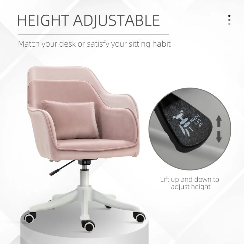 Vinsetto Pink Velvet Office Chair with Massage Lumbar Pillow, Rolling Wheels - Stylish Desk & Makeup Vanity Chair for Home