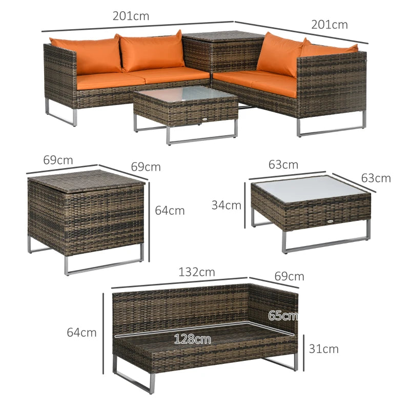 4-Piece Rattan Sofa Set with Storage Table - Orange/Brown