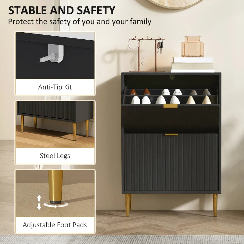 Narrow Black Shoe Cabinet with 2 Flip Drawers for Space Saving Storage