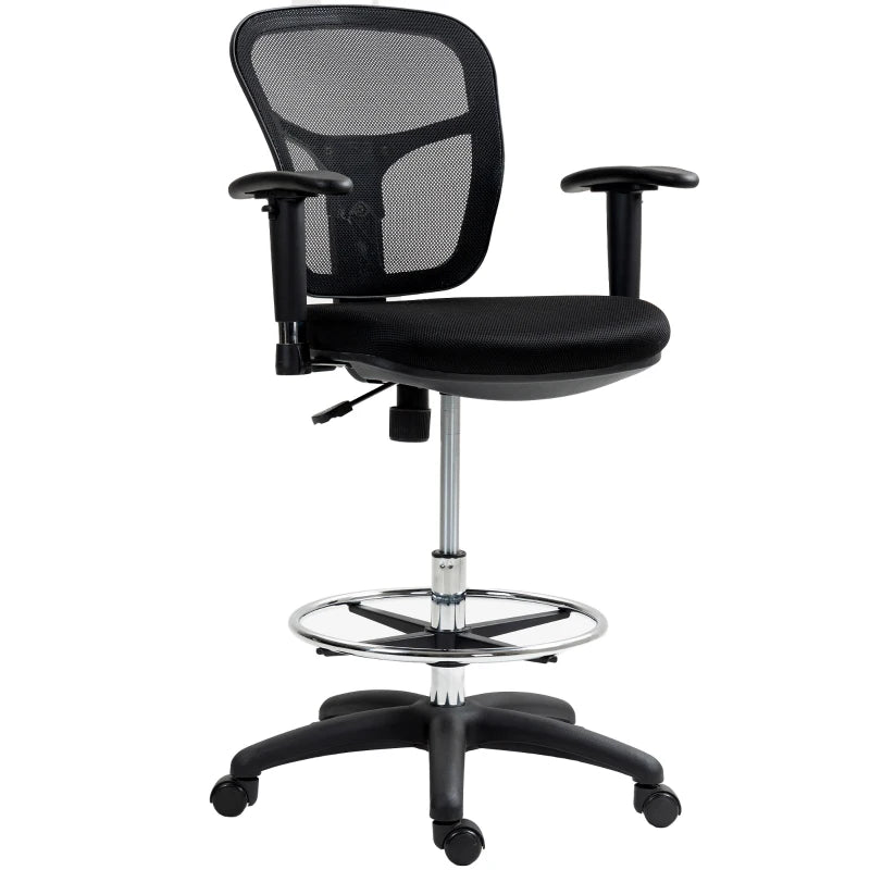 Ergonomic Drafting Chair with Adjustable Armrests & Lumbar Support - Mesh Office Chair for Standing Desks, Height & Footrest Adjustable, Black