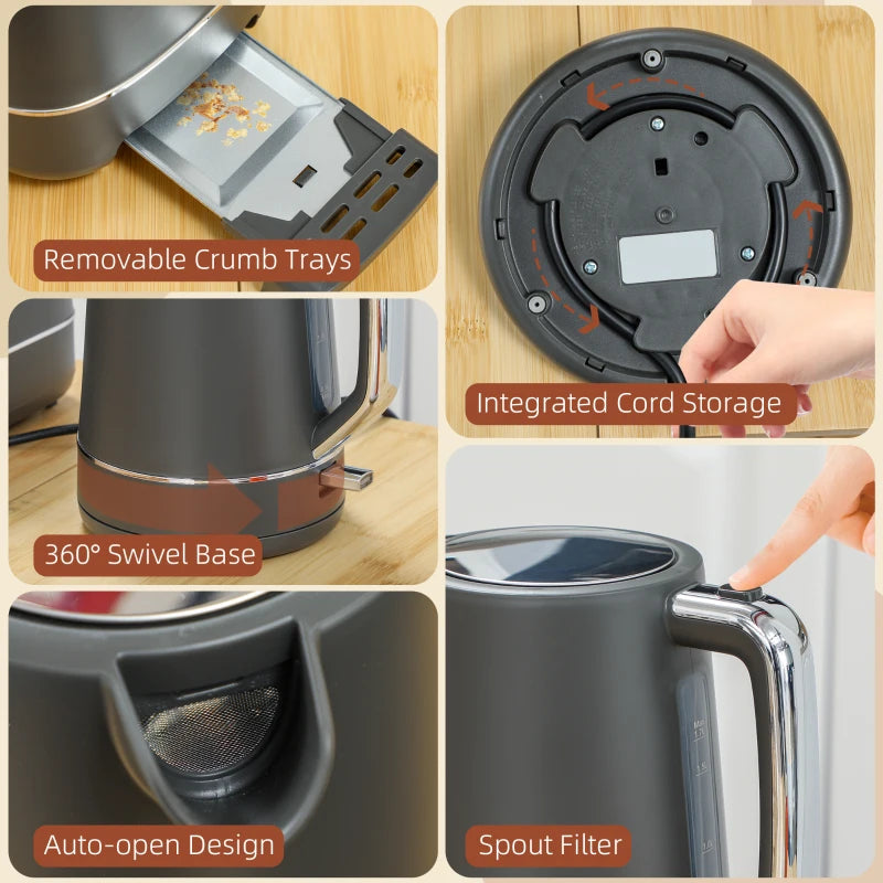 Premium Grey Kettle and Toaster Set - 1.7L Fast Boil 3000W Kettle & 2 Slice Toaster with 6 Browning Levels