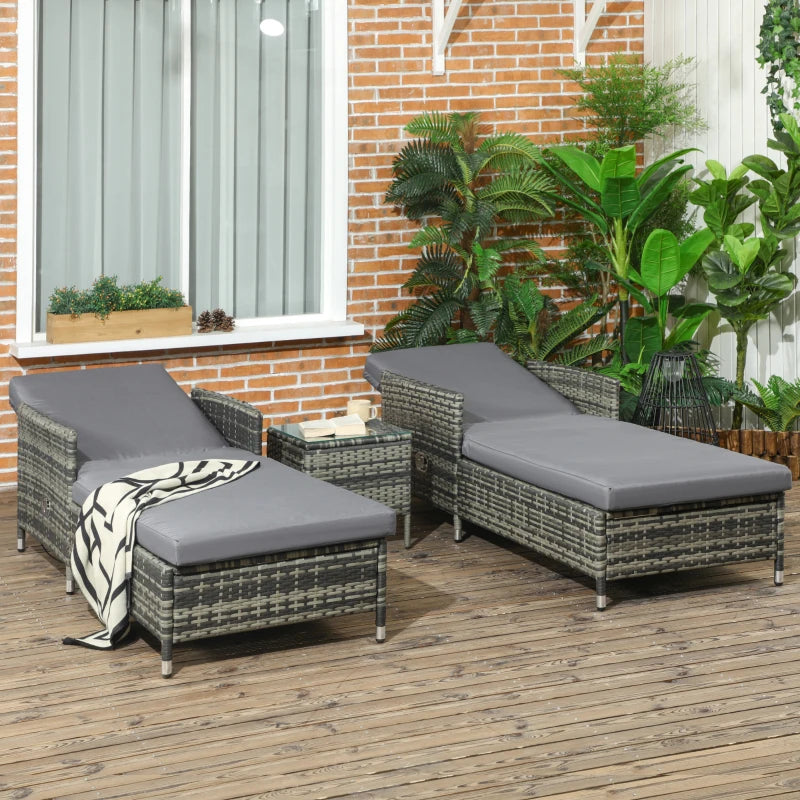 Grey Rattan Sun Lounger Set with Adjustable Backrest and Cushions