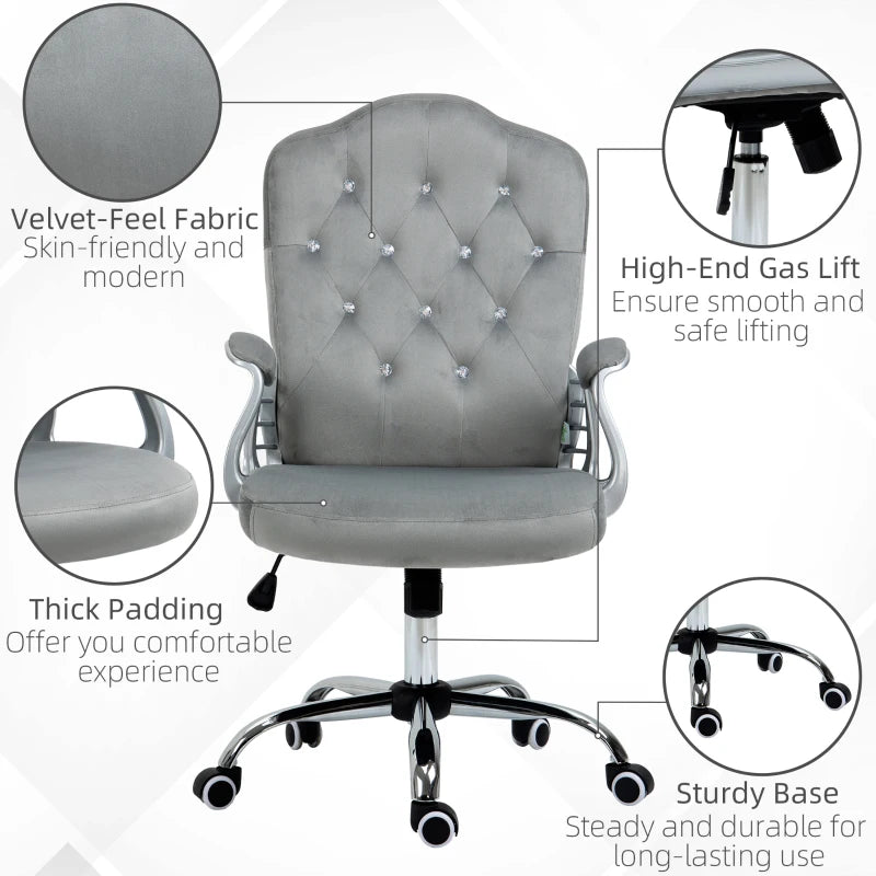 Vinsetto Grey Velvet-Feel Office Chair with Diamante Back - Stylish Ergonomic Design for Home & Office Use