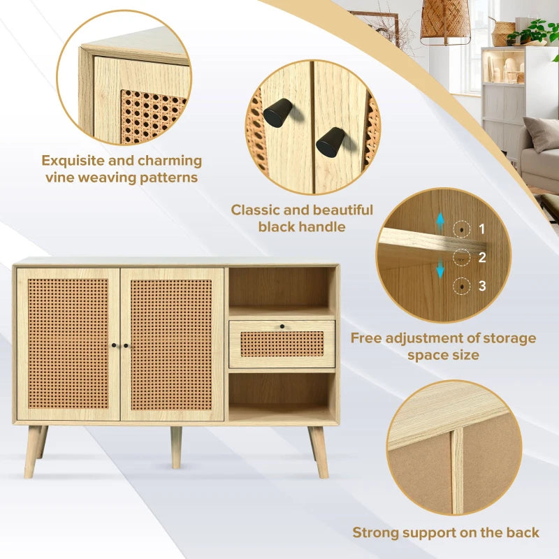 Modern Light Oak Sideboard with Woven Doors, Drawers & Unique Legs - 120L x 40W x 80H cm, Stylish Storage Solution