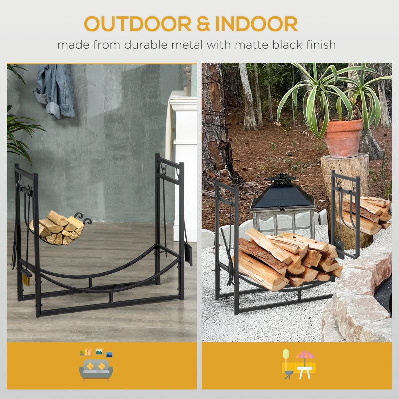 Metal Firewood Log Holder Rack - 2 Tier Indoor Outdoor Fireplace Storage with Tools & Hooks, Black, 84W x 33D x 76H cm
