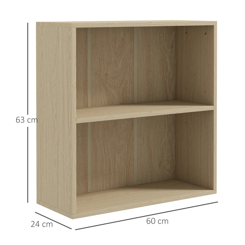 Natural 2-Tier Bookshelf - Adjustable Low Bookcase with 2 Compartments for Home Office, Living Room & Study