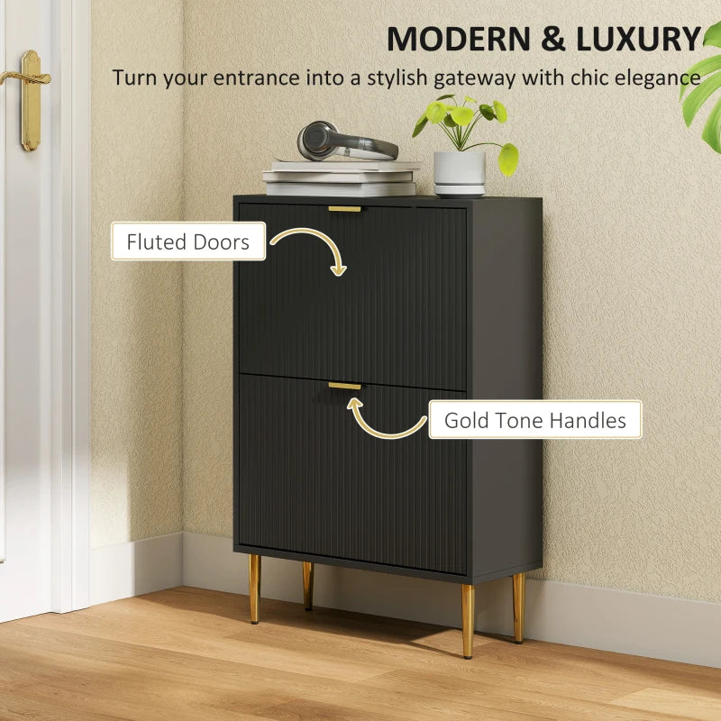 Narrow Black Shoe Cabinet with 2 Flip Drawers for Space Saving Storage
