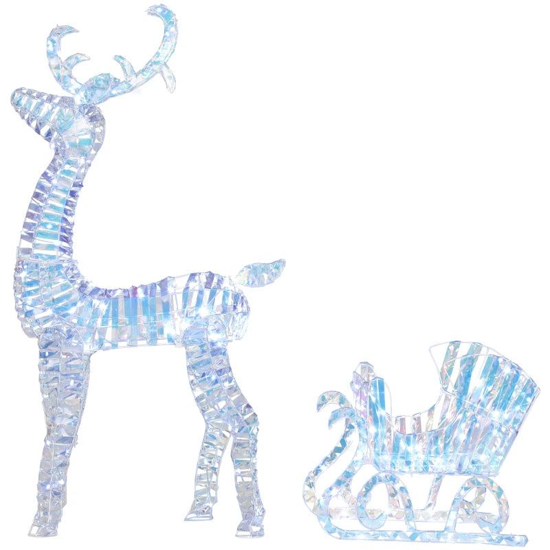 Lighted Christmas Reindeer Sleigh - 170 Warm White LED Outdoor Yard Decor, Waterproof Silver Holiday Decoration with Stakes