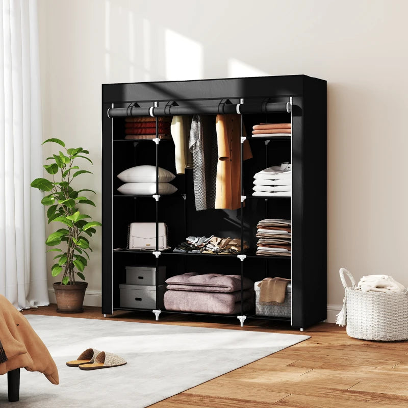 Portable Foldable Fabric Wardrobe Clothes Storage Organizer with Hanging Rail and Shelves Black