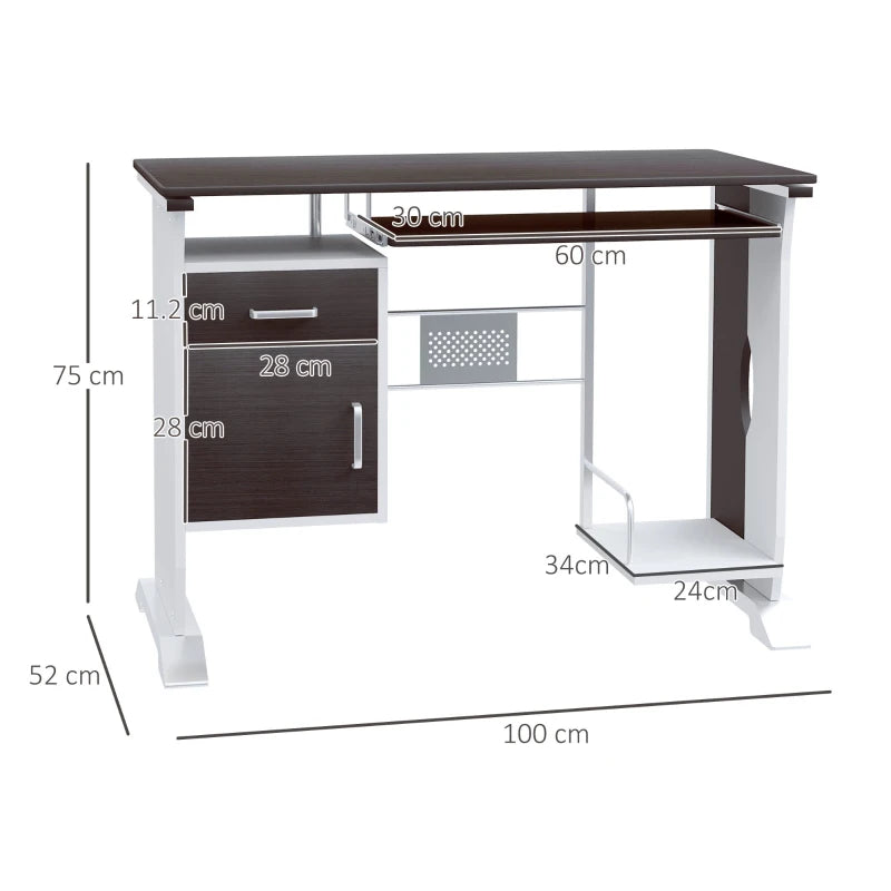Black Walnut Computer Desk with Sliding Keyboard Tray, Storage Drawers & Host Box Shelf - Home Office Study Workstation 100x52x75cm