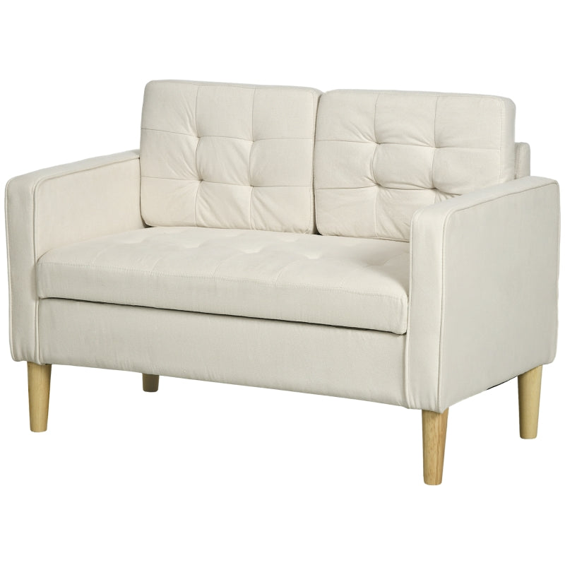 Compact Modern Loveseat Sofa with Hidden Storage, 117cm Tufted Cotton Couch, Cream White, Ideal for Small Spaces