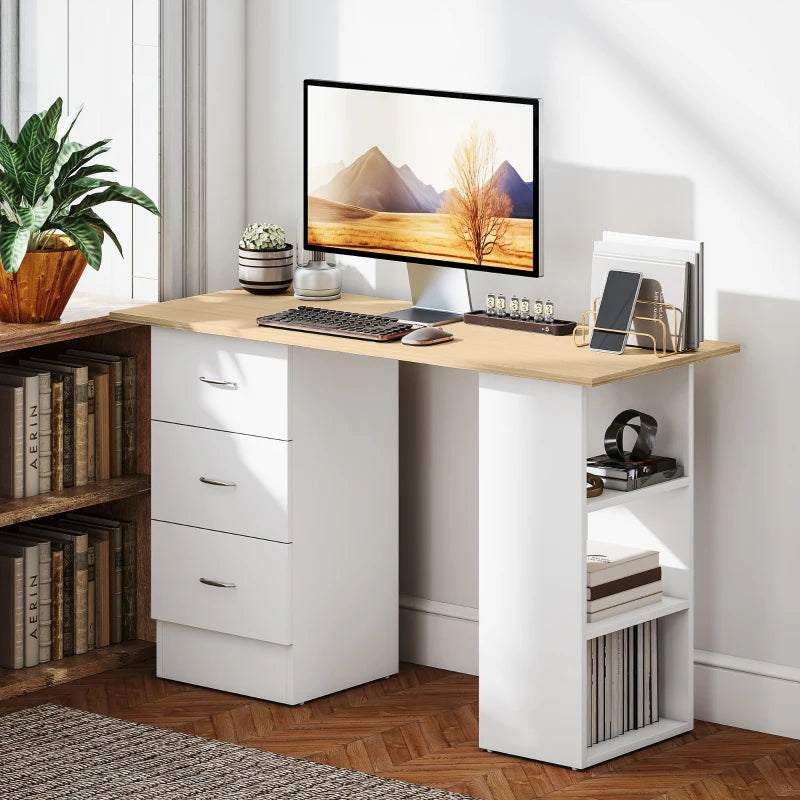 Modern Computer Desk with Storage Shelves and Drawers for Home Office Natural Wood Finish and White