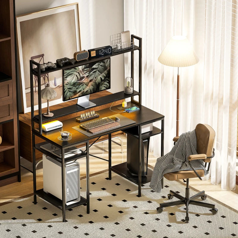 Modern Black Computer Desk with Power Outlets & LED Lights, Home Office Study Table with Monitor Stand & Storage Shelves
