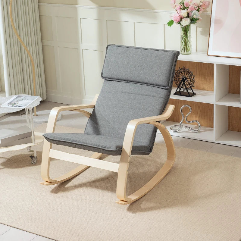 Comfortable Upholstered Rocking Chair with High Back and Headrest for Living Room and Bedroom in Grey