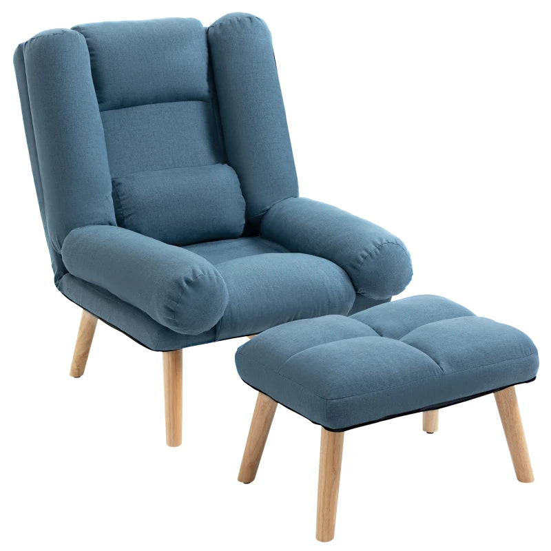 Blue Accent Armchair with Footstool, 180° Recliner and Adjustable Backrest, Stylish Wooden Legs for Living Room