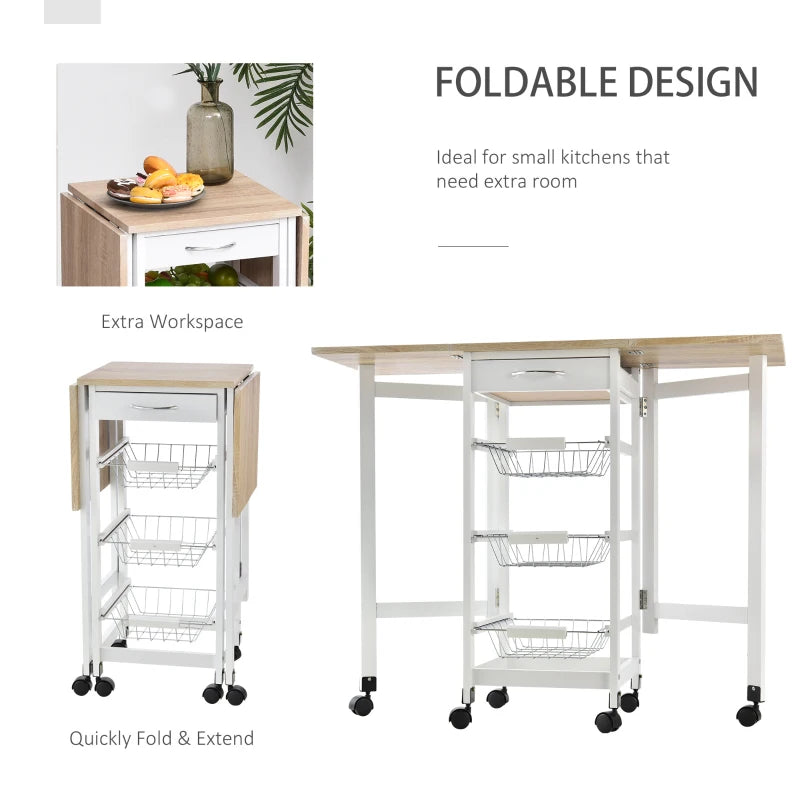 Drop-Leaf Kitchen Cart Trolley with 3 Baskets & Drawer - Rolling Storage Unit on 6 Wheels - White Oak Tone